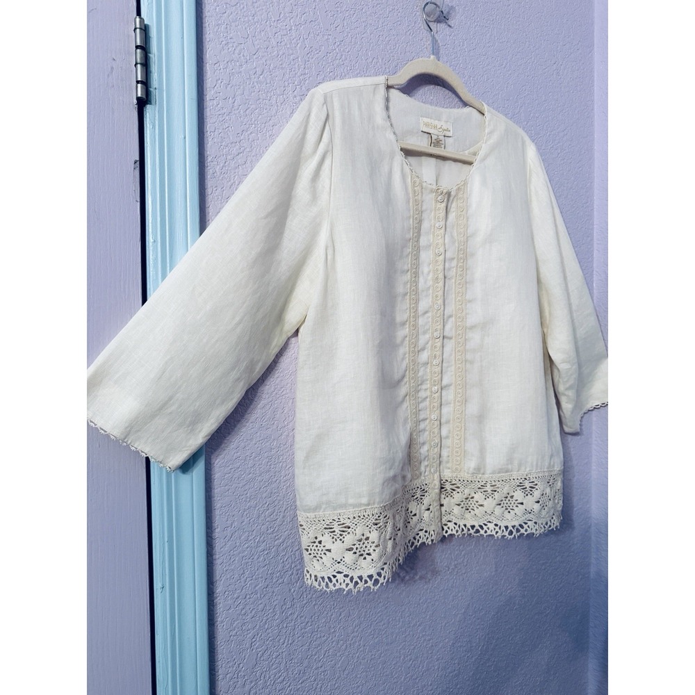 Vtg Parisian Linen Blouse Top Size XL Crochet Tunic Button Up Old Money Luxury